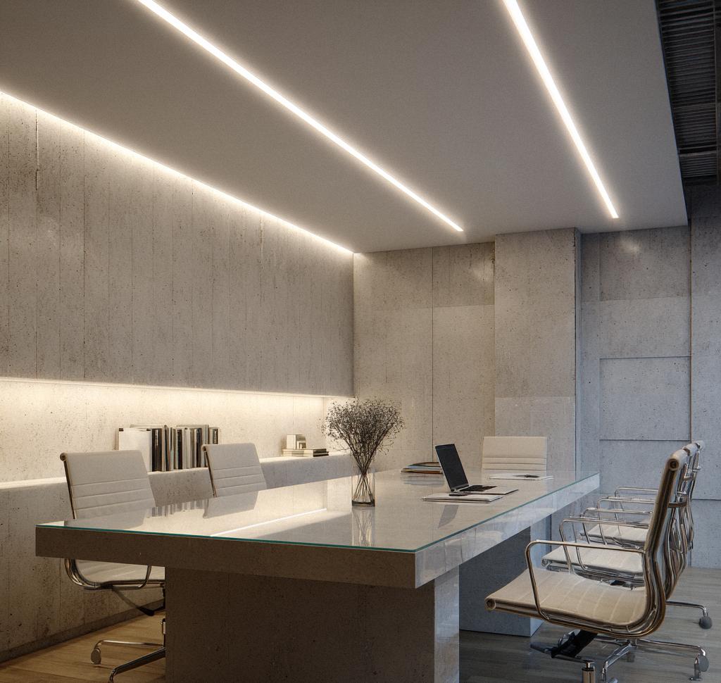 Sala de reunião corporativa com iluminação linear embutida no teto em perfil de alumínio
